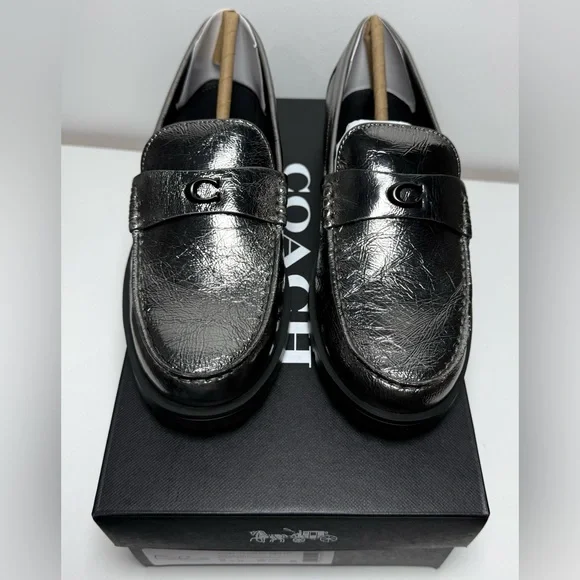 Coach NIB Metallic Silver Anthracite Jocelyn Crinkle Loafers - Picture 10 of 14